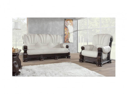 Three-seater sofa leather couch wood upholstery classic carved couches sofas